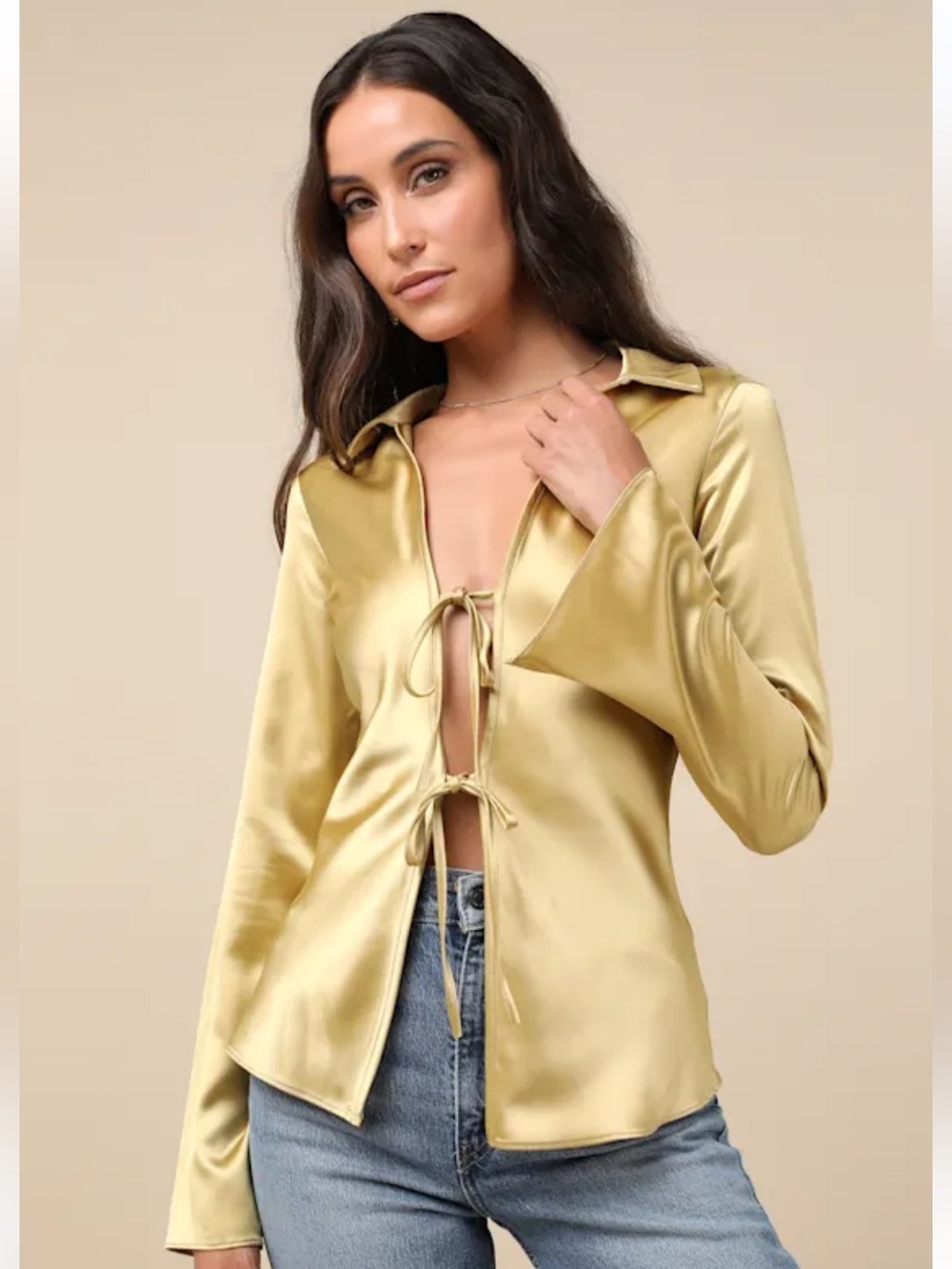 NWT Lulus Coveted Aesthetic Gold Tie-Front Long Sleeve Collared Top - Picture 2 of 9